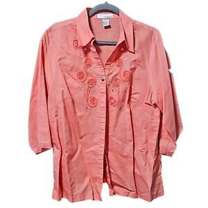 Beautiful Coral Shirt 100% Linen Faux Pearl Buttons 3/4 Sleeves 1X